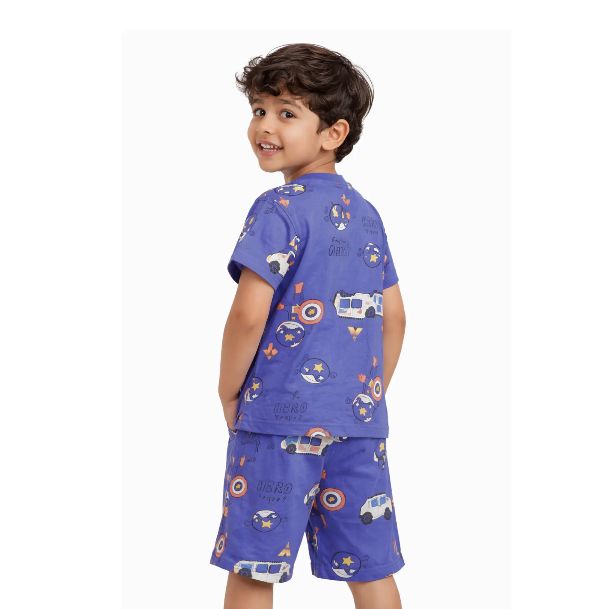 fyter kids cotton t-shirt and shorts combo blue printed soft breathable summer outfit for boys