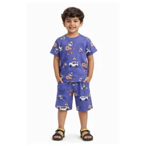 fyter kids cotton t-shirt and shorts combo blue printed soft breathable summer outfit for boys