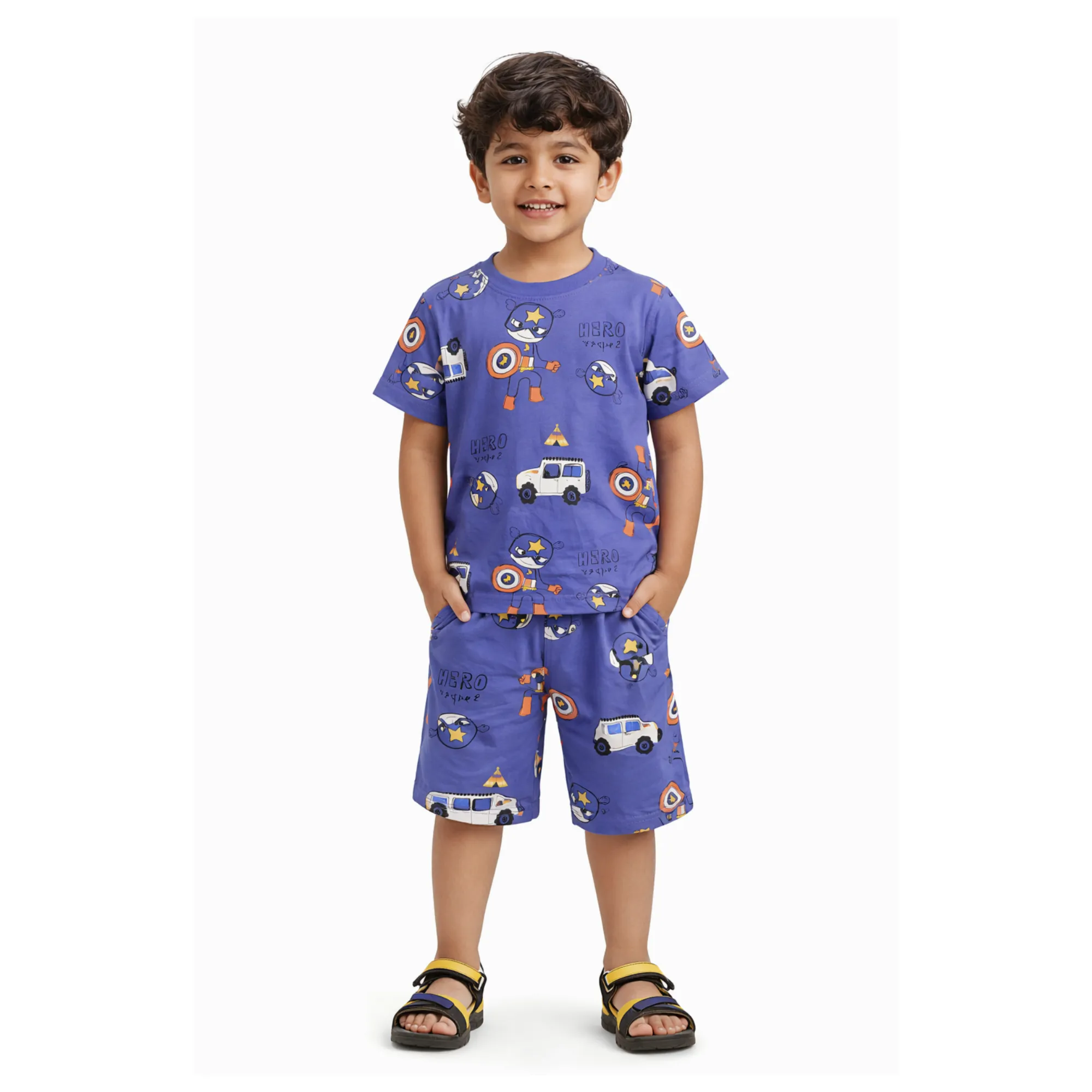 fyter kids cotton t-shirt and shorts combo blue printed soft breathable summer outfit for boys