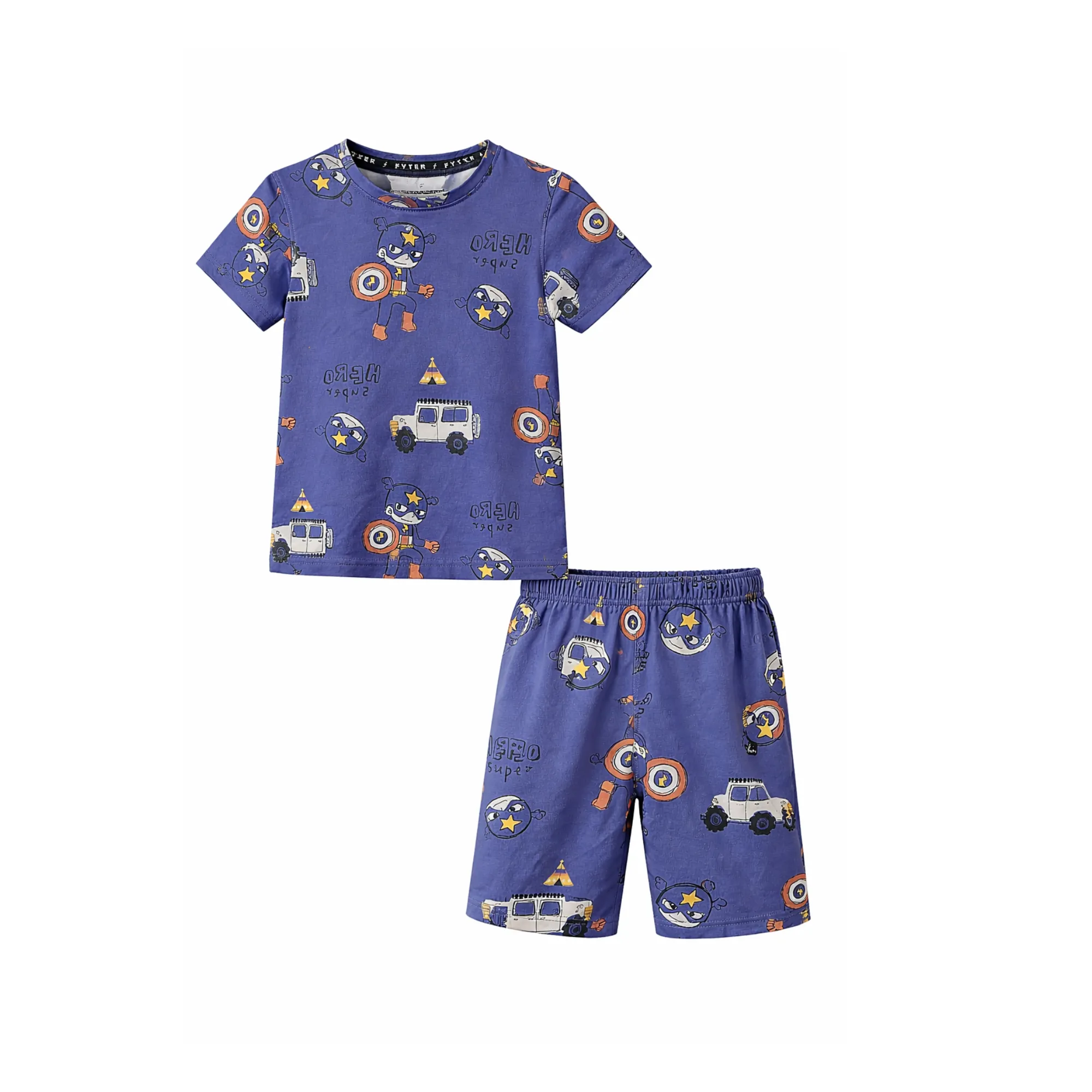 fyter kids cotton t-shirt and shorts combo blue printed soft breathable summer outfit for boys