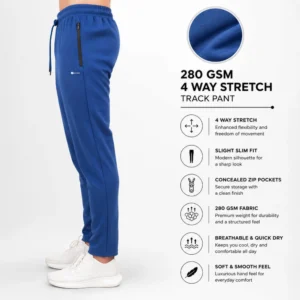 fyter 4 way track pant blue 280 gsm slim fit breathable stretch joggers